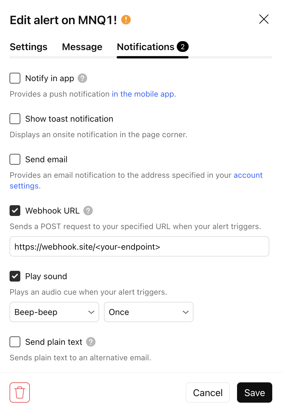 TradingView webhook notification setup
