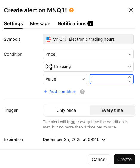 TradingView alert creation